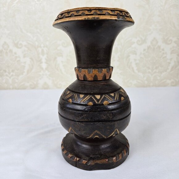Vintage Handcarved Dark Wooden Footed Vase Folk Art Two Tone Brown - Picture 2 of 12